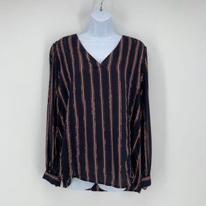 Hinge Women's Blue Copper Twill & Lace Stripe V-Neck Long Sleeve Top Size 1